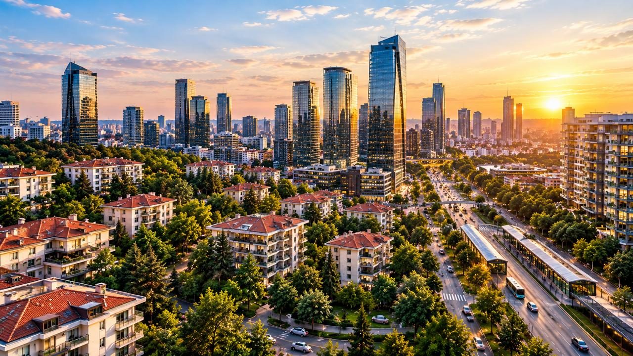 Gayrettepe'deki konut dokusu ve arkada yükselen plaza kuleleri silueti