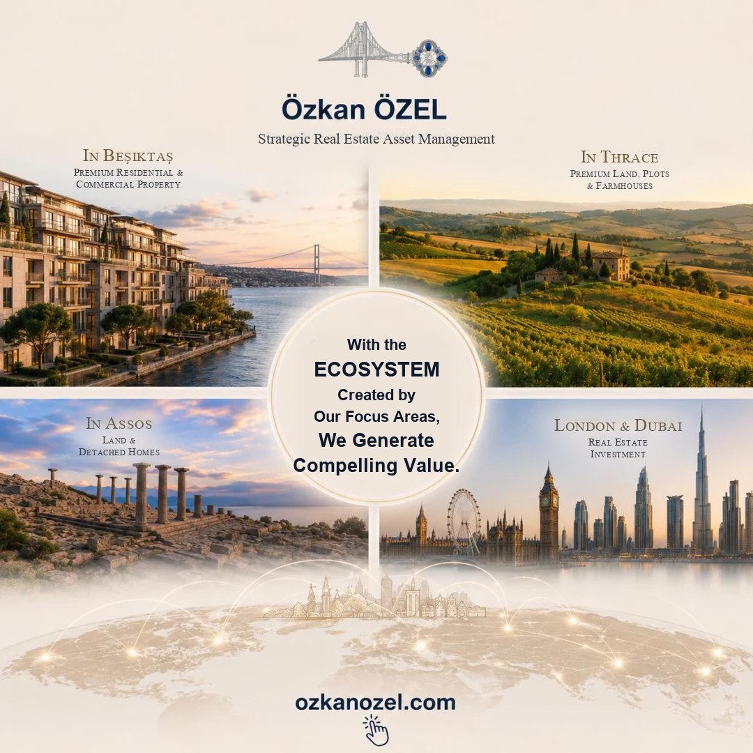 Özkan Özel real estate ecosystem — premium residential and commercial property in Beşiktaş, Thrace premium land and farmhouses, Assos detached homes, London and Dubai investment