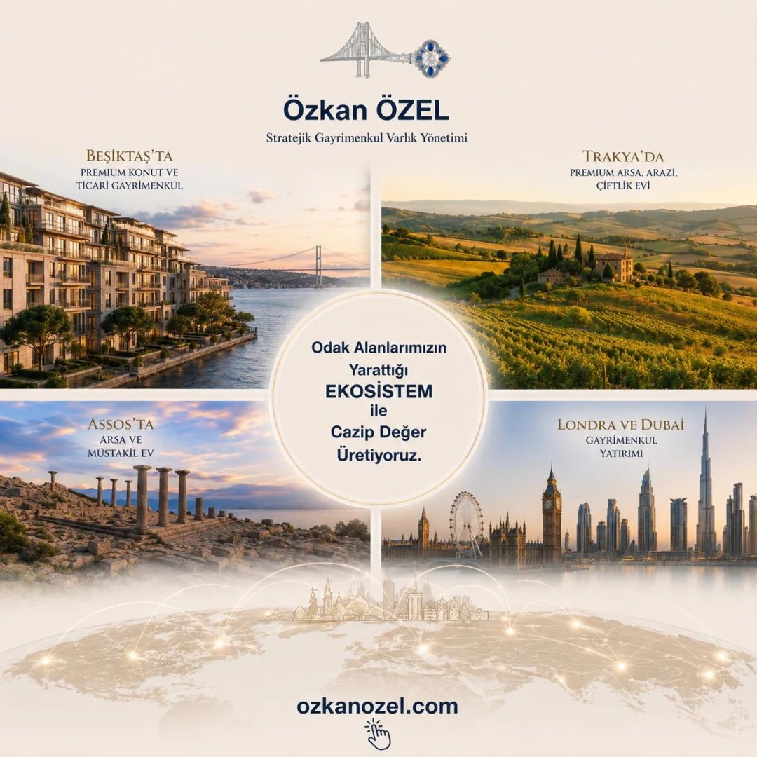 Özkan Özel gayrimenkul ekosistemi — Gayrettepe premium konut ve ticari gayrimenkul, Trakya premium arsa ve çiftlik evi, Assos müstakil ev, Londra ve Dubai yatırım